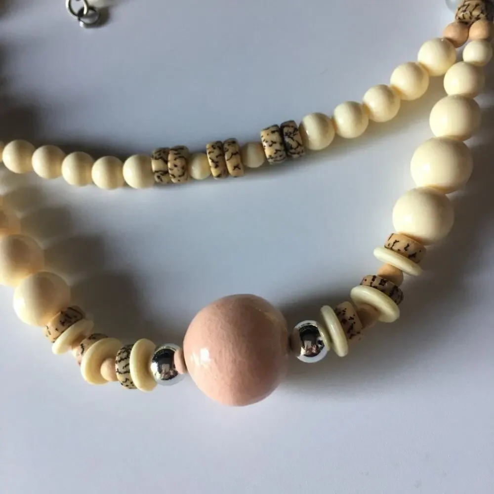 Unique pale tones cream and pale pink double strand necklace